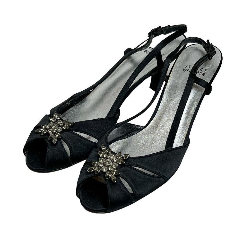 Stuart Weitzman black satin open toe rhinestone embellished heels size 8.5N
